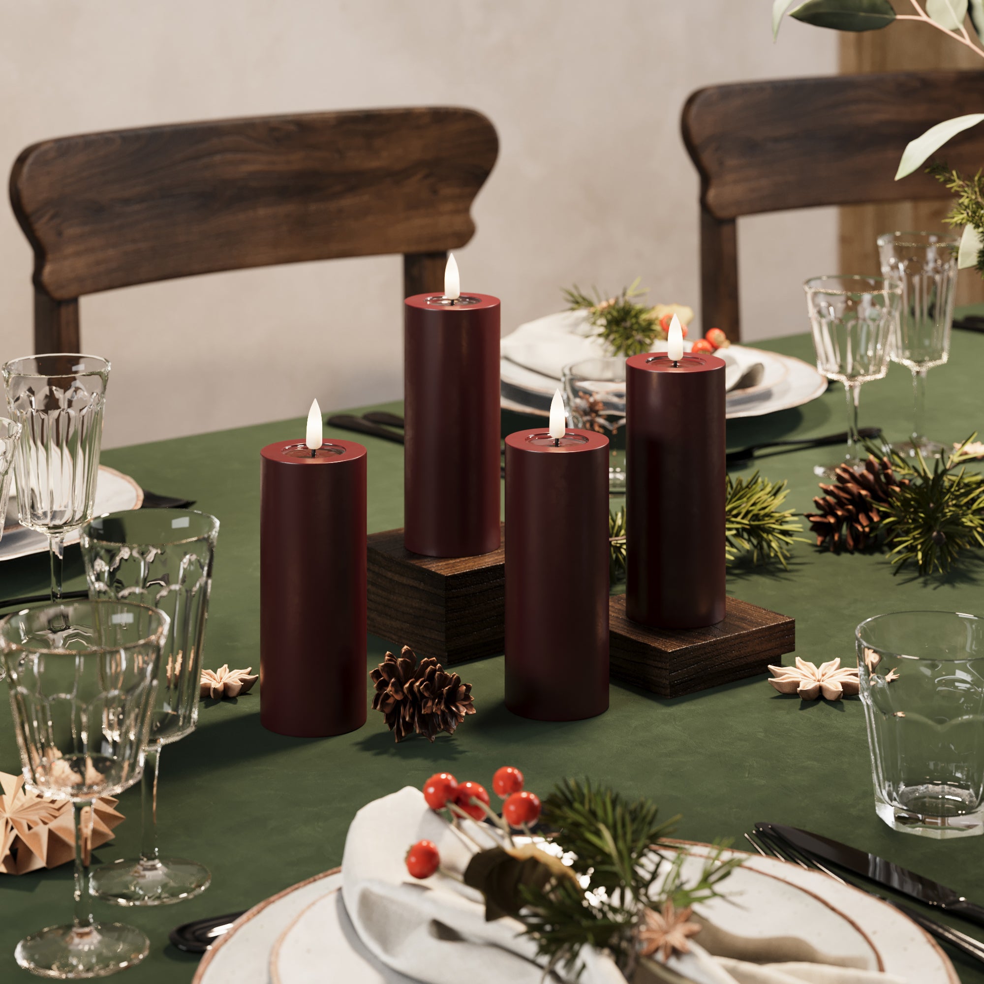 LED Bloklys Ø 5 x 12,5 cm Bourgogne - 4 stk