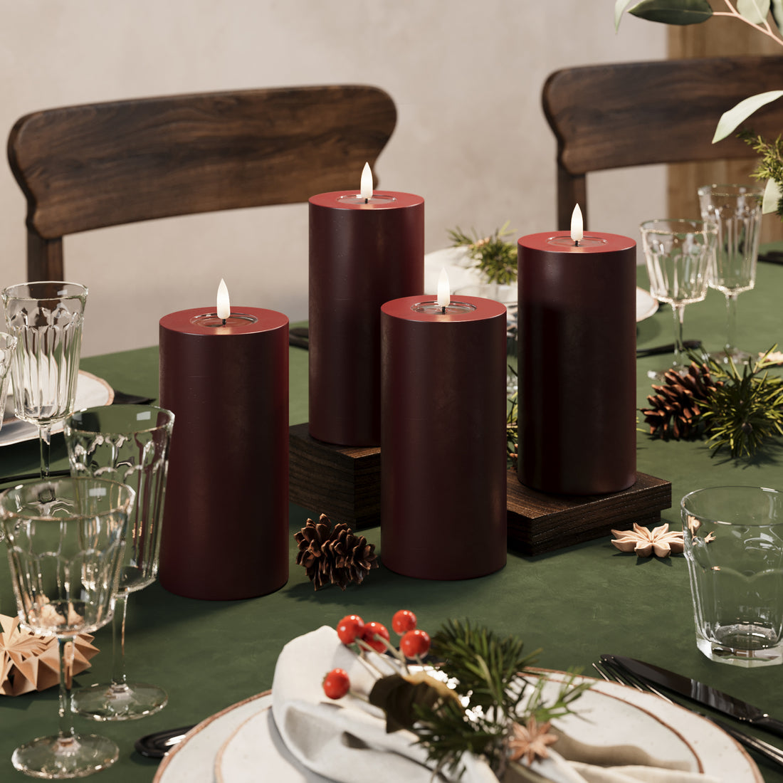 LED Bloklys Ø 7,5 x 15 cm Bourgogne - 4 stk