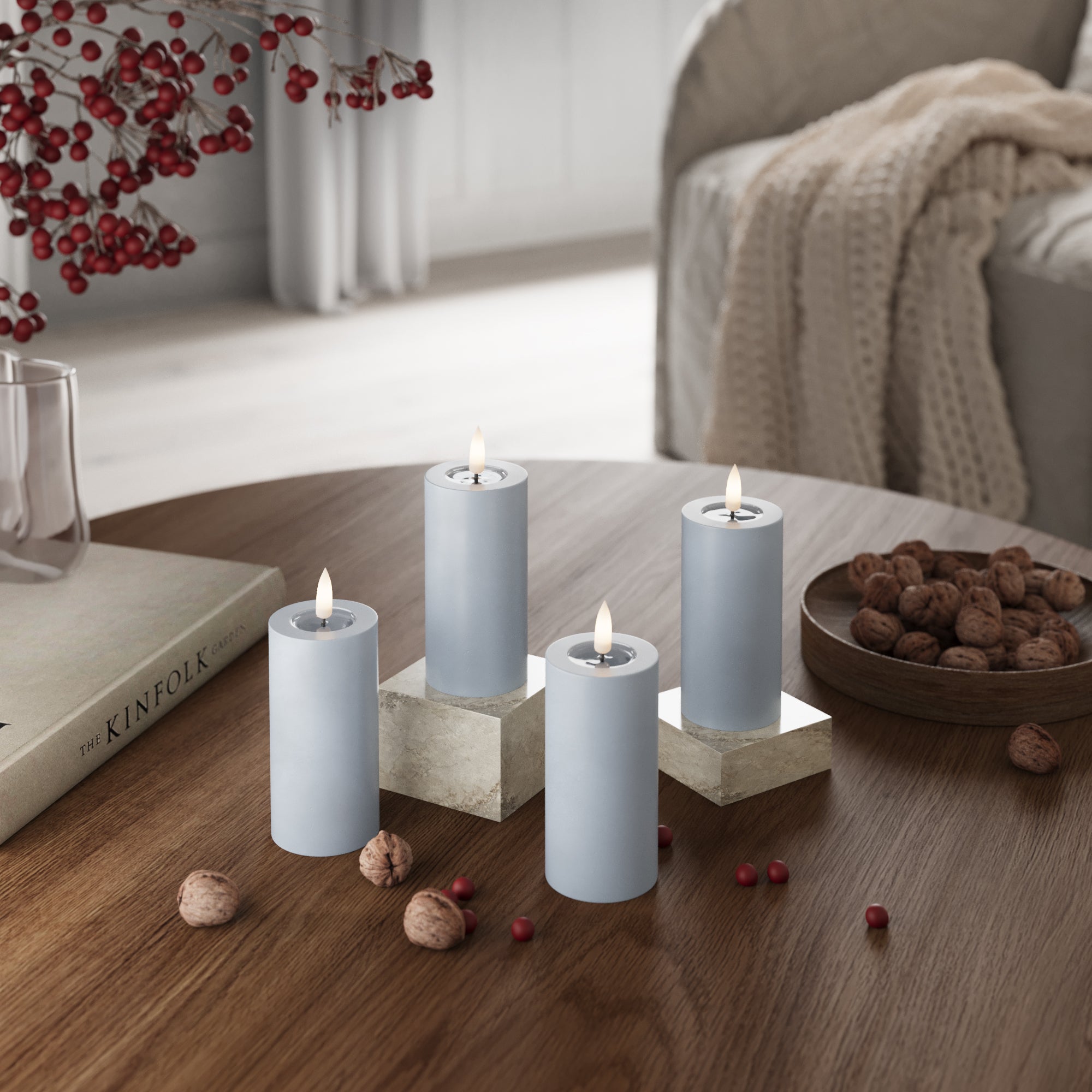 LED Bloklys Ø 5 x 10 cm Støvet blå - 4 stk