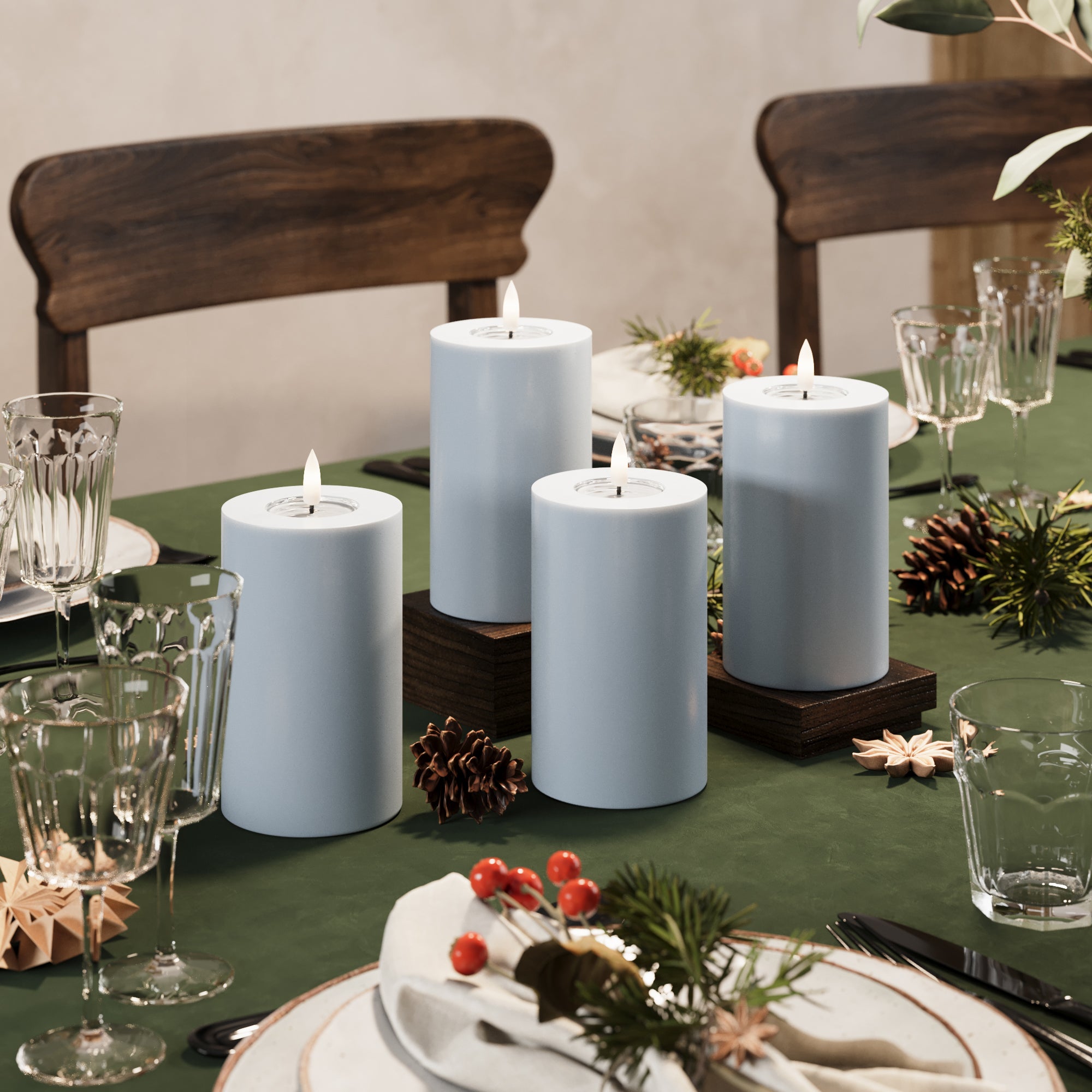 LED Bloklys Ø 7,5 x 12,5 cm Støvet blå - 4 stk