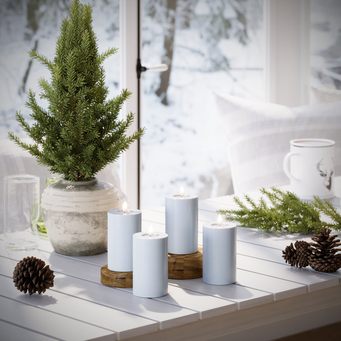 LED Bloklys Ø 7,5 x 12,5 cm Støvet blå - 4 stk