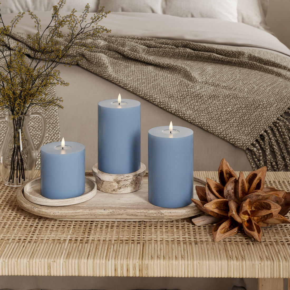 LED Bloklys Ø 10 x 10 + 15 + 20 cm Isblå