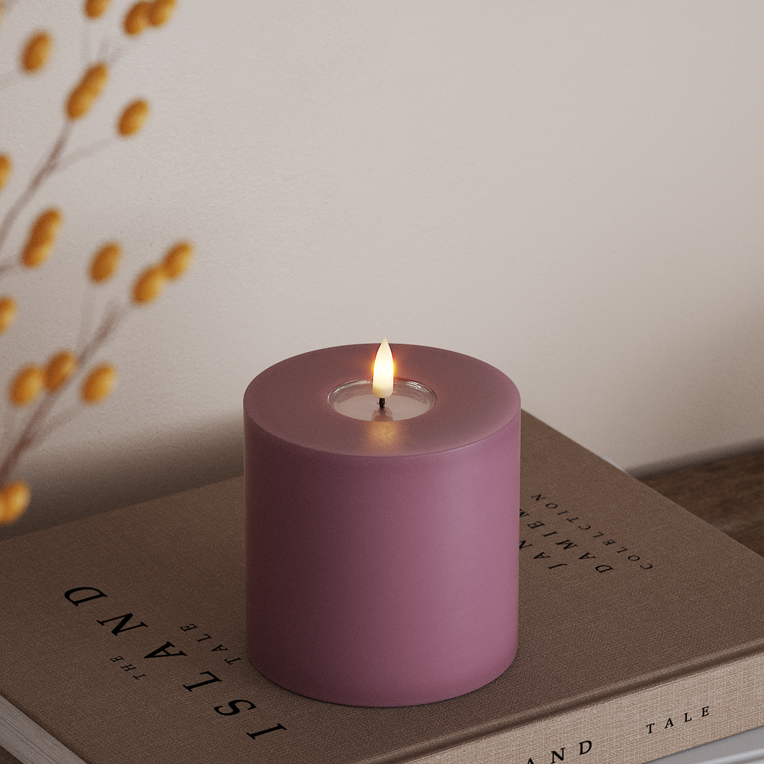 Deluxe Homeart LED Bloklys Ø 10 x 10 cm Lyslilla LED bloklys 4