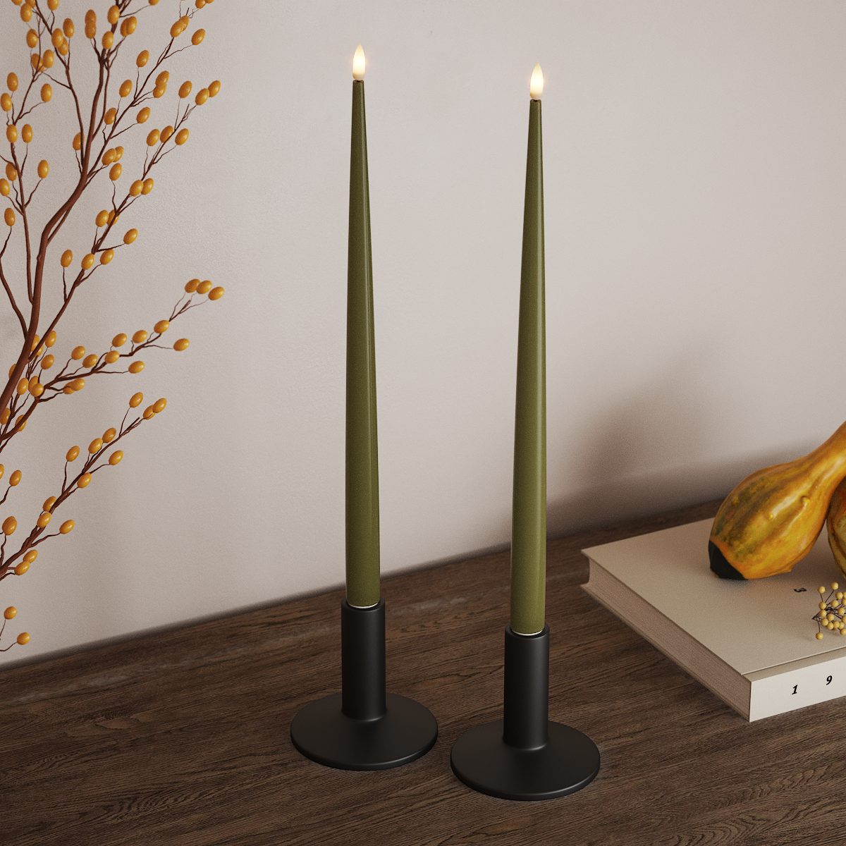 Deluxe Homeart LED Kertelys med Lak, 2 stk 38 cm Olivengrøn LED kertelys 3