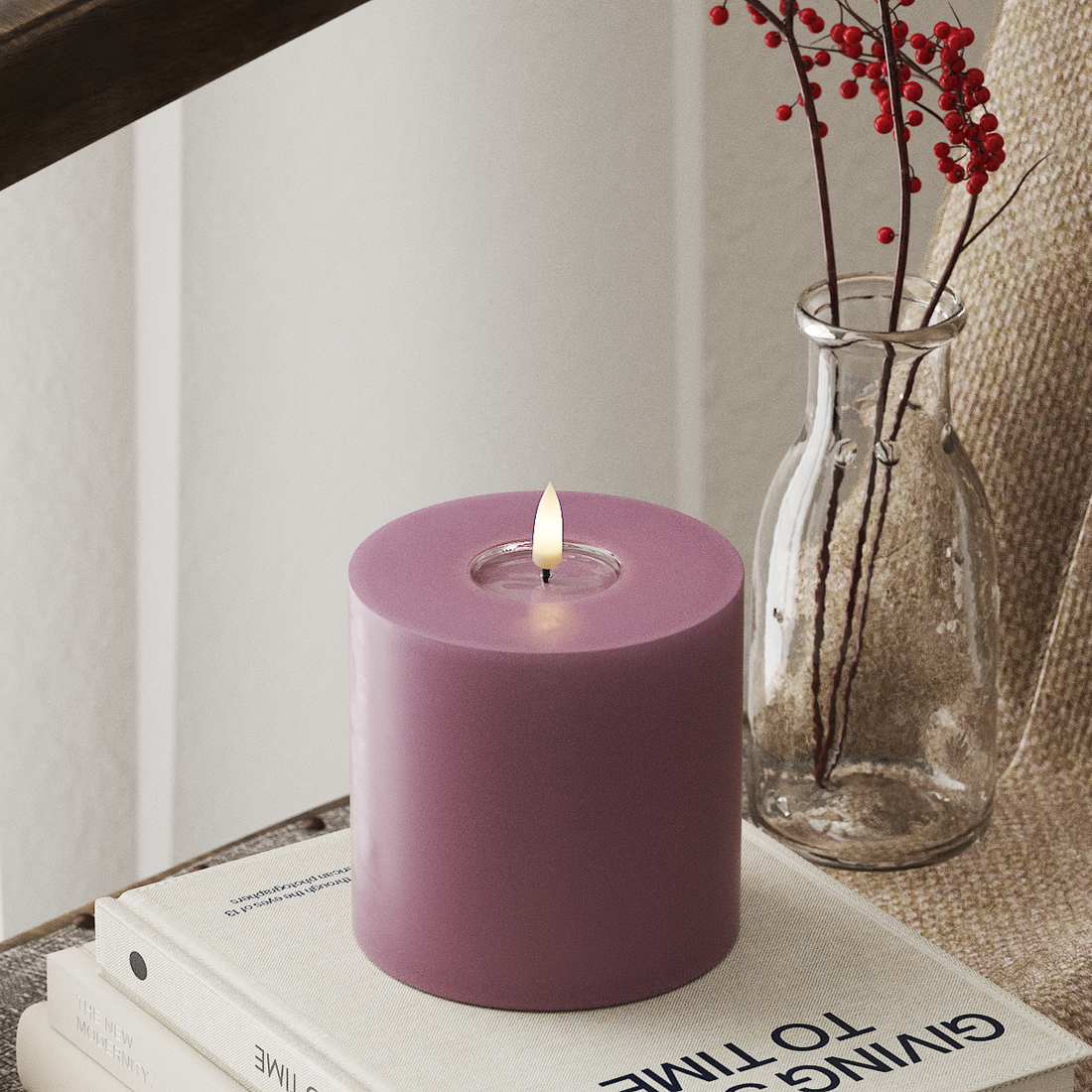 Deluxe Homeart LED Bloklys Ø 10 x 10 cm Lyslilla LED bloklys 4