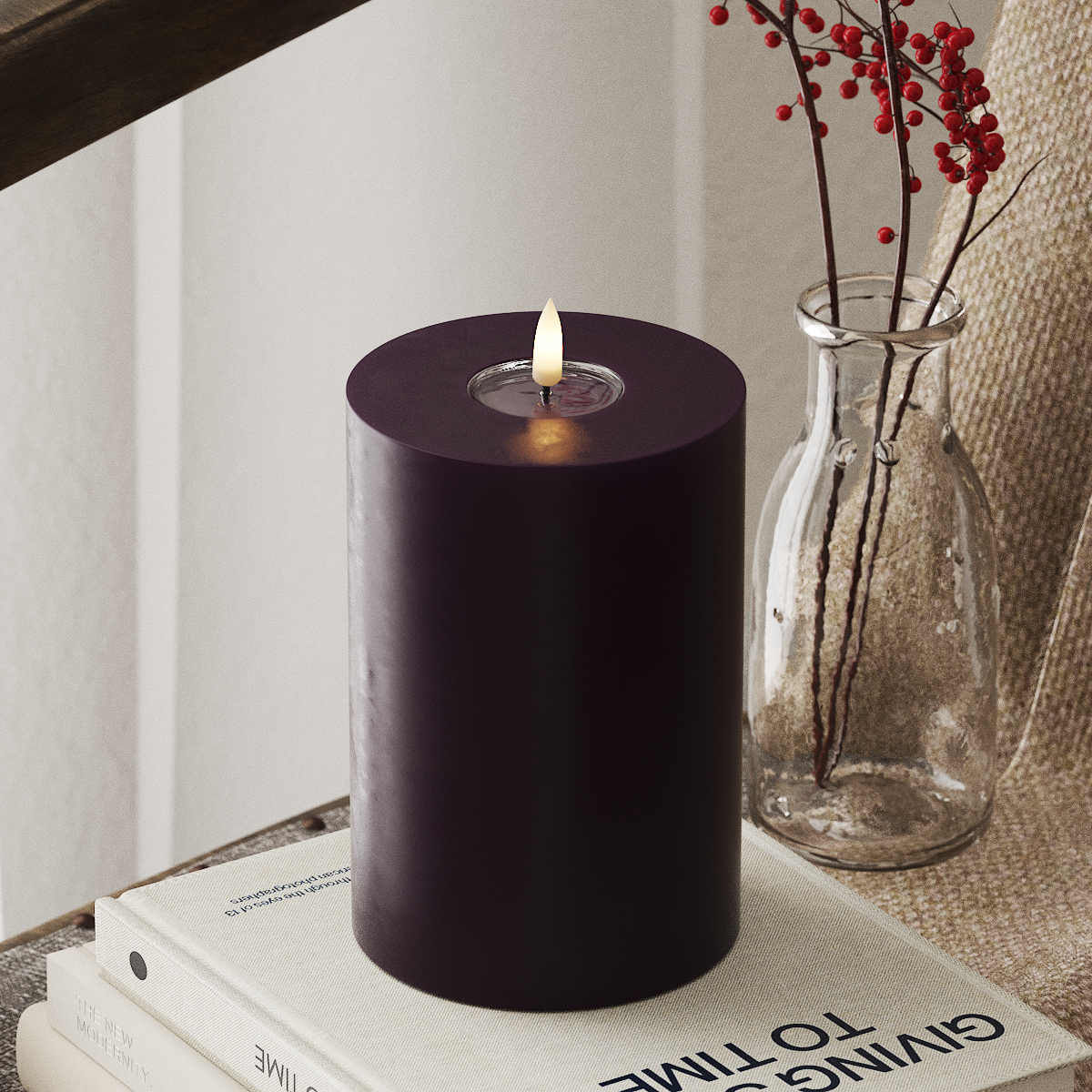 Deluxe Homeart LED Bloklys Ø 10 x 15 cm Mørkelilla LED bloklys 4