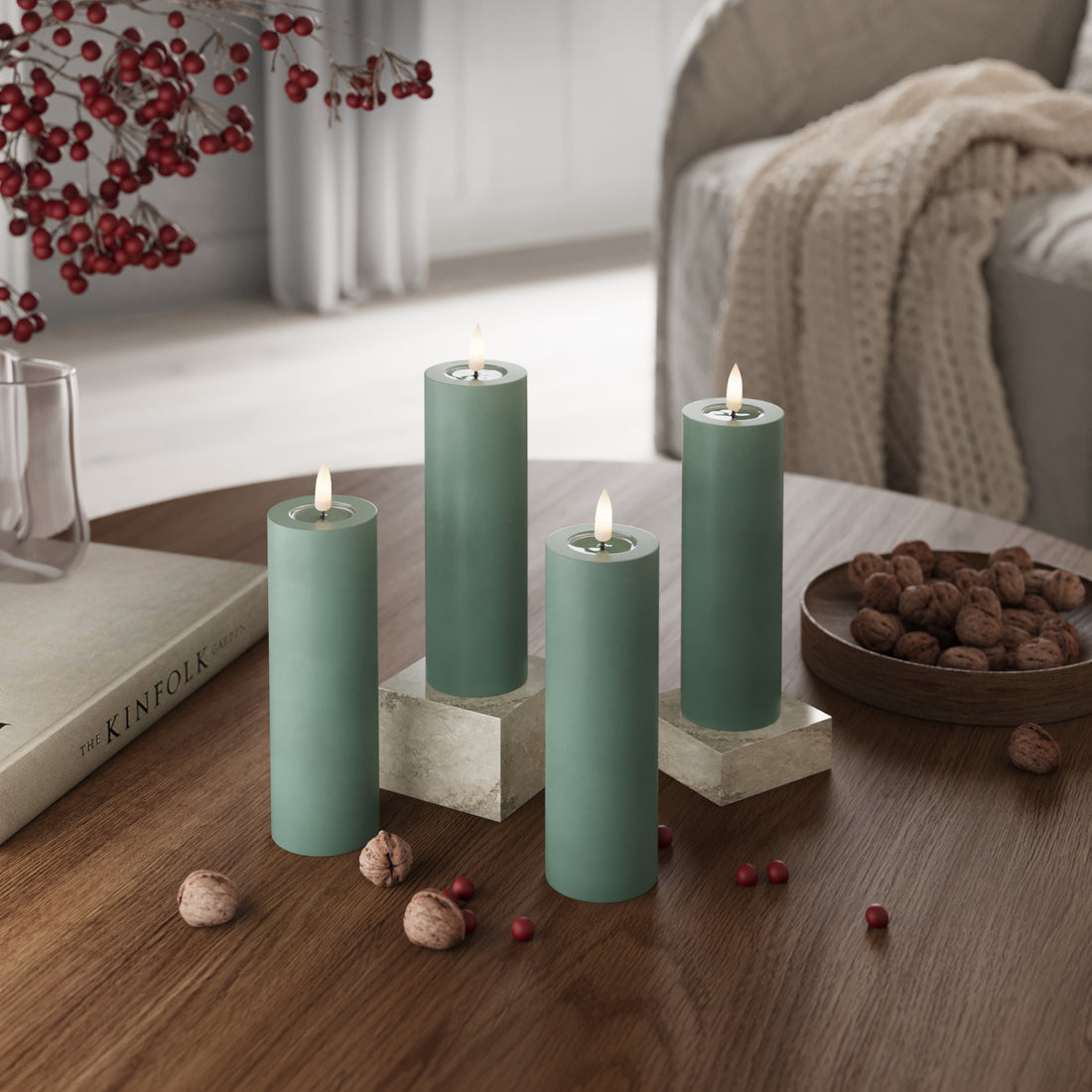 LED Bloklys Ø 5 x 15 cm Jade Grøn + 4 stk